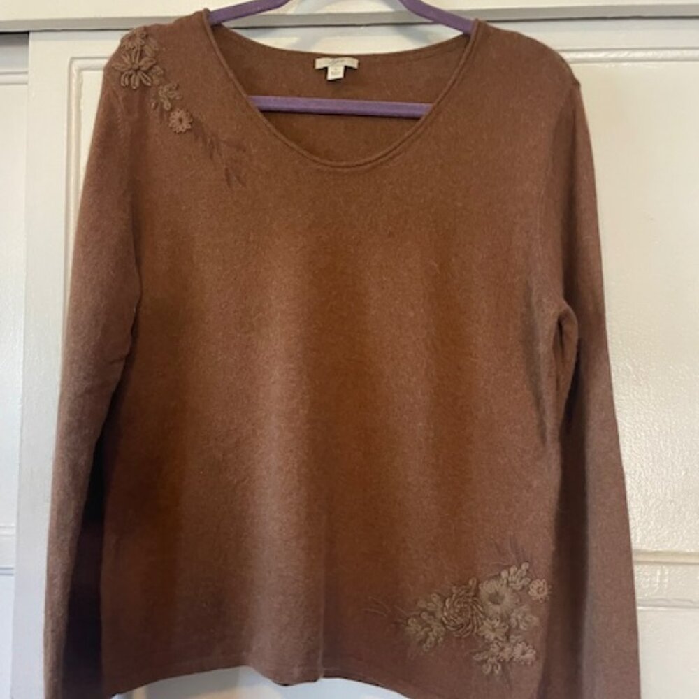 Angora Wool Blend Sweater Top Women's Large Embroidery Flowers Brown Boho